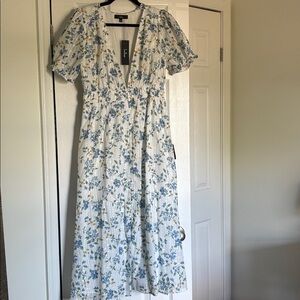 Floral Midi Dress with Blue and Yellow Pattern